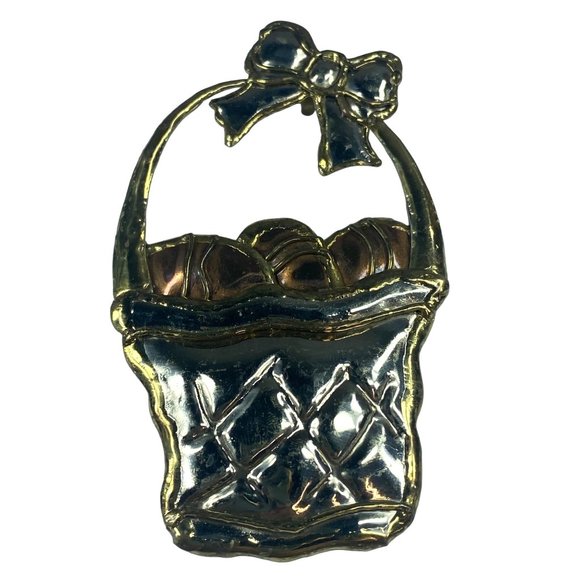 Easter Basket Jewelry Pin Brooch Silver Gold Color Metal Bow Eggs Handle Holiday - Picture 1 of 16